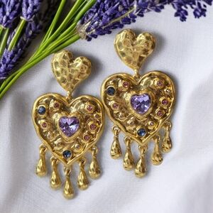 Romantic Chunky Gold Plated Heart Amethyst Rose Crystal Dangle Earrings